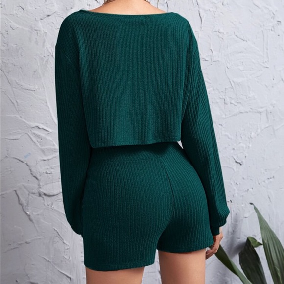 Green Off Shoulder Ribbed Top and Shorts Lounge Set - Picture 2 of 5